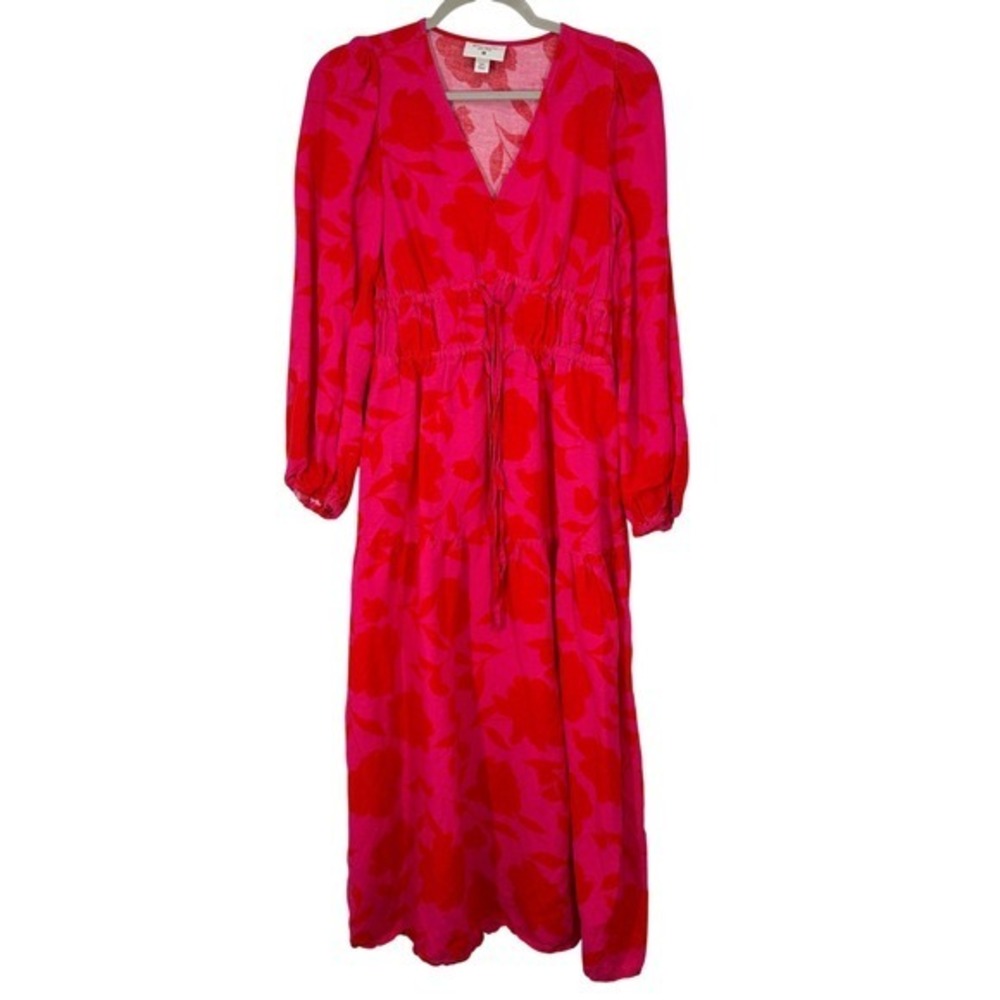 Kate Spade x Target Vibrant Bright Red Pink Linen Blend Long Sleeve Midi Dress